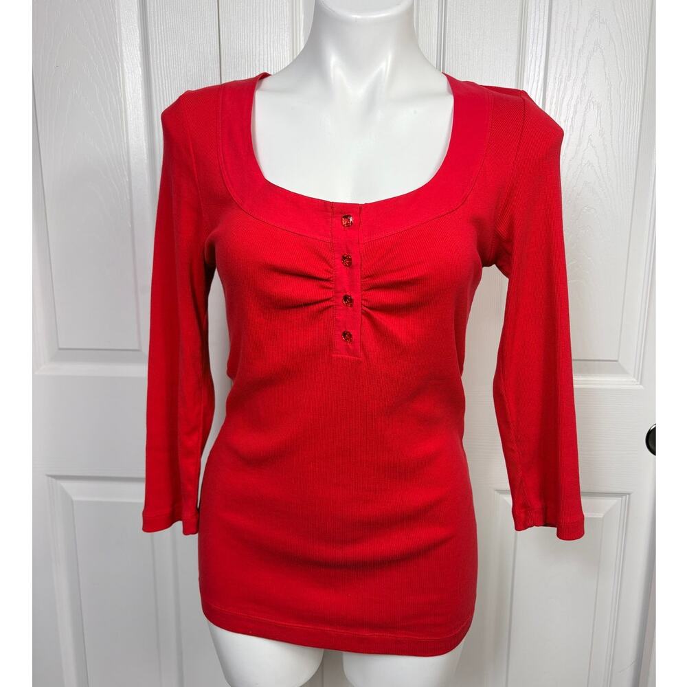 Charlotte Tarantola Red Long Sleeve Shirt Henley Button Stretch Top Size M